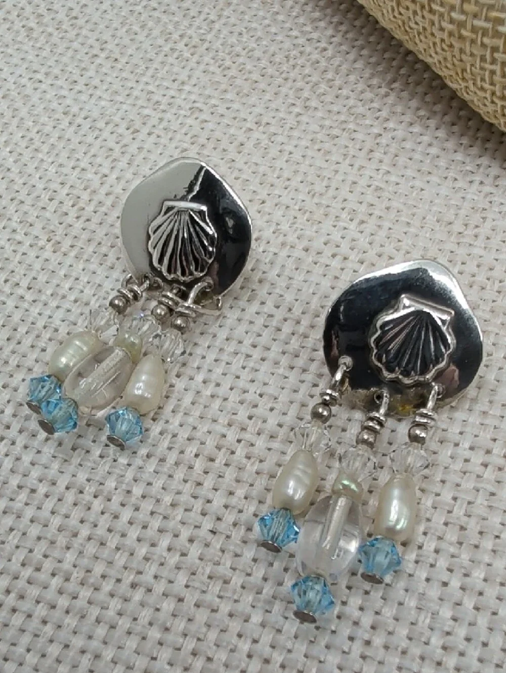 Vintage Artisan 925 Sterling Silver Shell Pearl Crystal Dangle Earrings